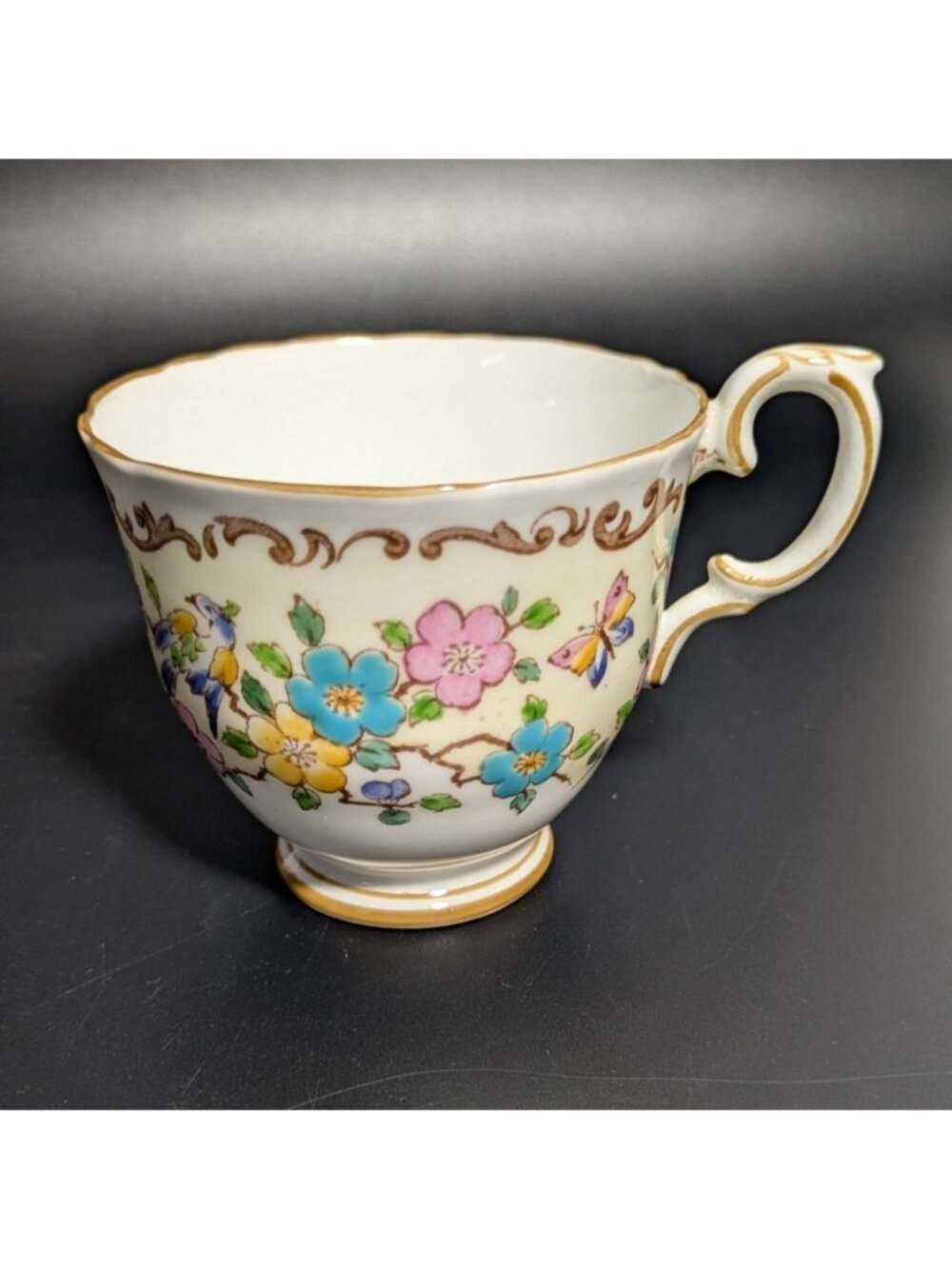 Staffordshire Teacup Vintage Birds Flowers Butterflies Gold Trim England